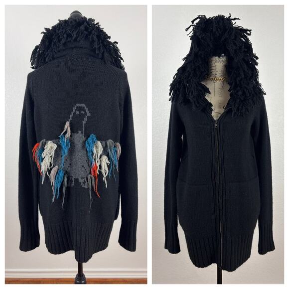 B45 Zadig & Voltaire Hoodie Cardigan Sweater Bird Fringe Alpaca Wool OS Grunge - Picture 1 of 7